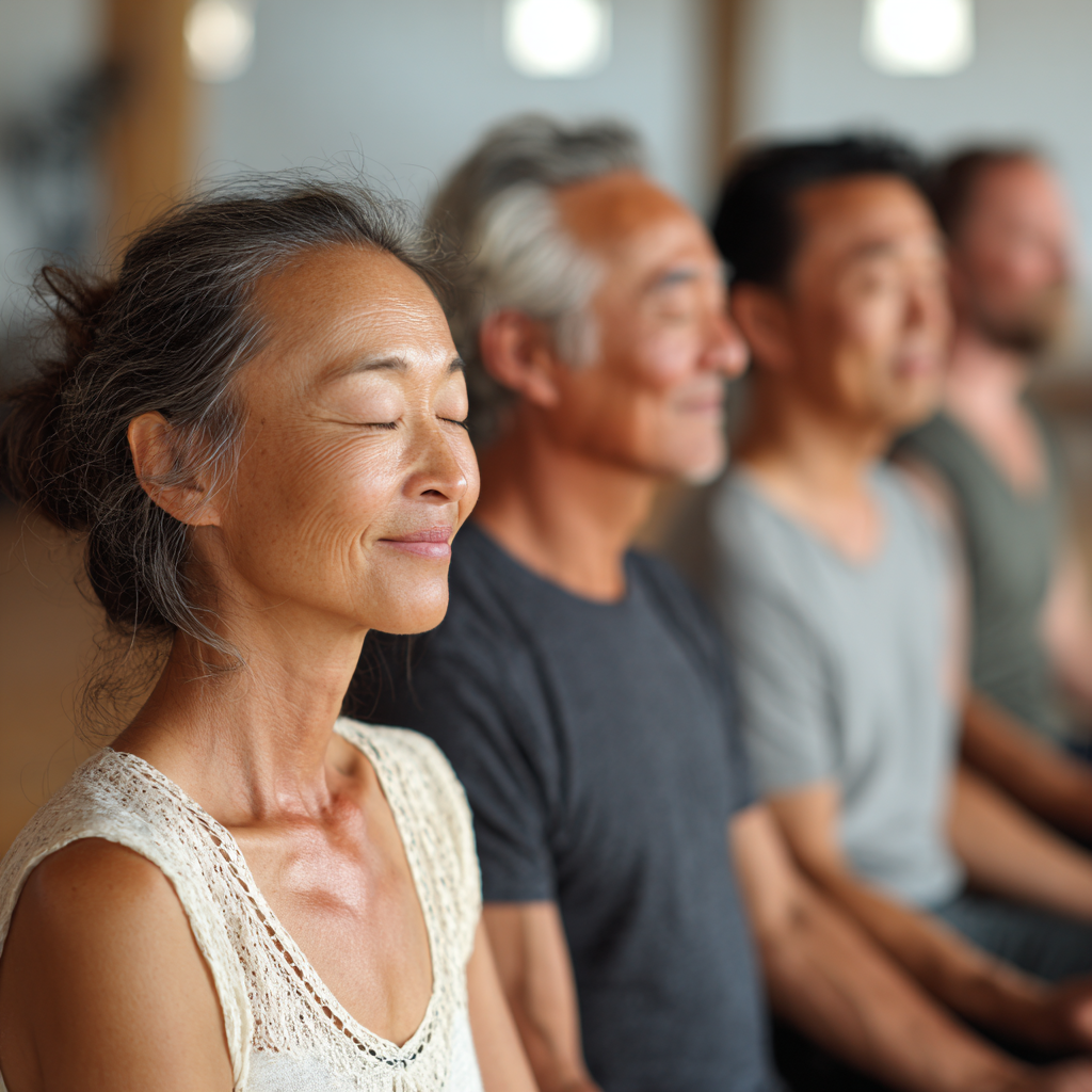Улыбающаяся пожилая европейская женщина в белой спортивной одежде выполняет позу йоги на коврике в светлой студии с большими окнами