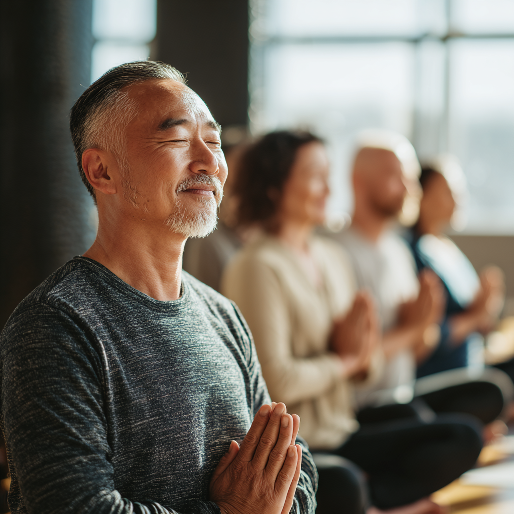 Спокойный пожилой европейский мужчина с седыми волосами в удобной спортивной одежде сидит в позе лотоса с закрытыми глазами в тихой комнате для медитации