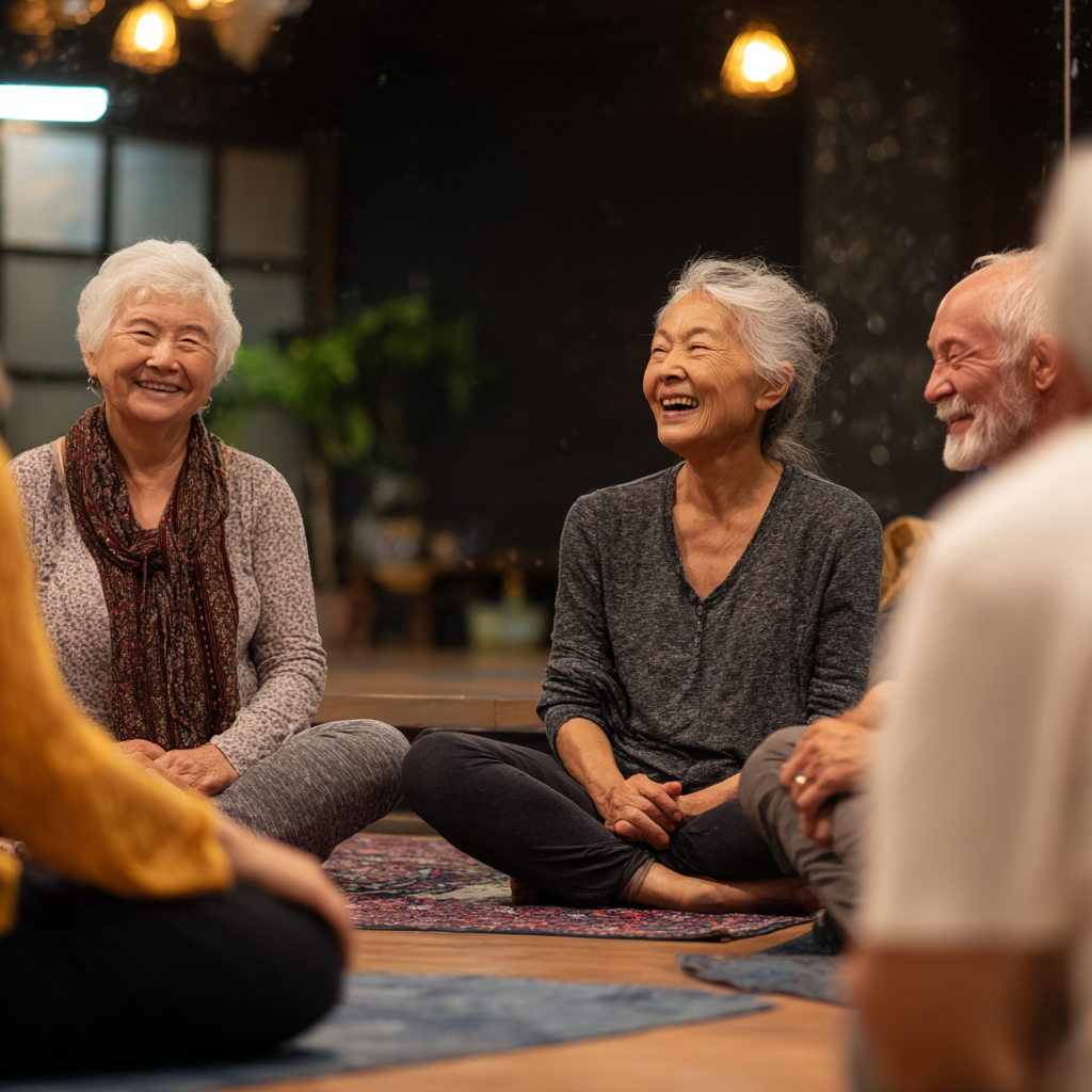 Группа улыбающихся пожилых европейских людей в спортивной одежде выполняют синхронные упражнения йоги на ковриках в просторной светлой студии